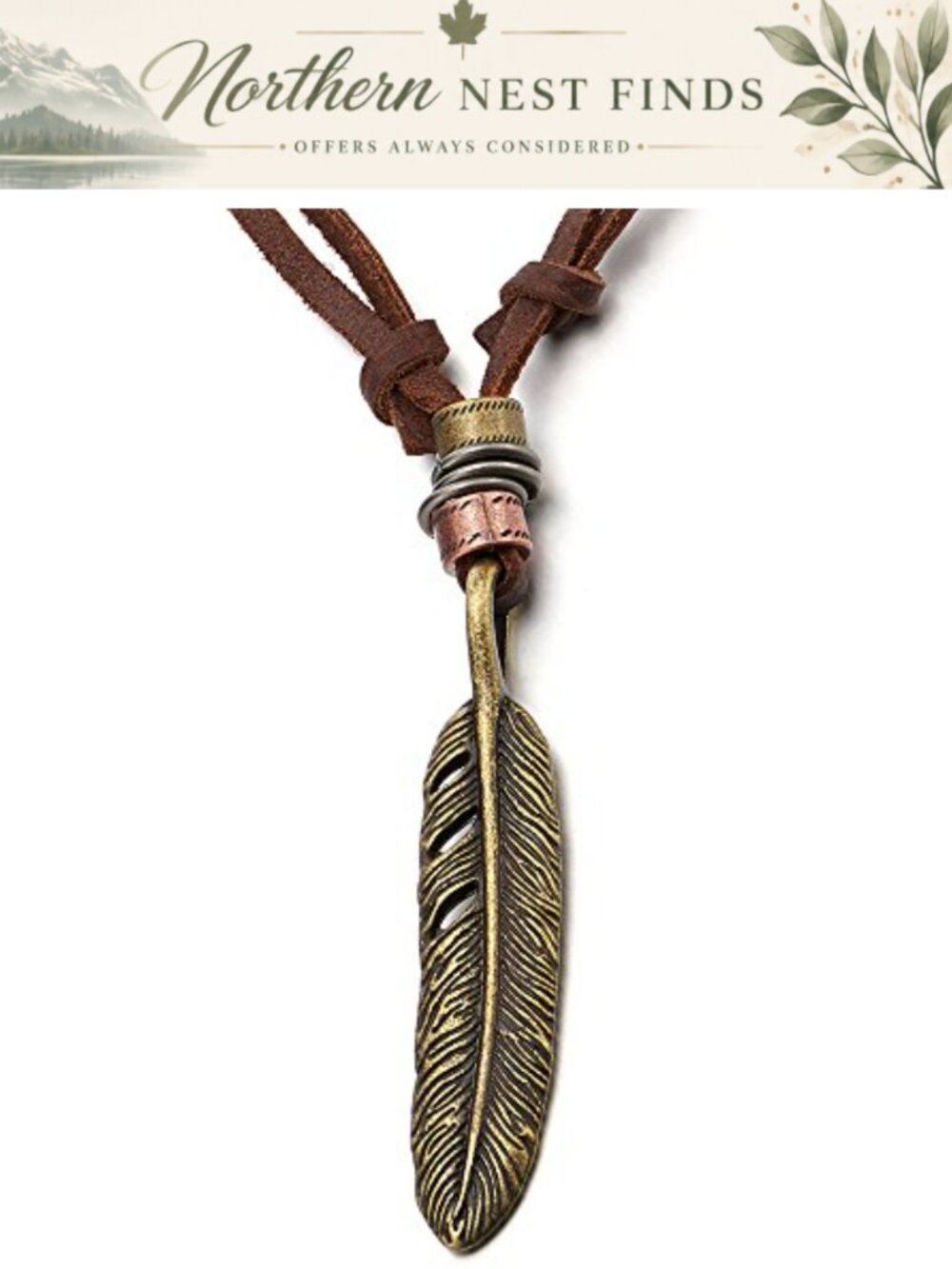 Retro Feather Pendant Unisex Necklace Adjustable Leather Cord